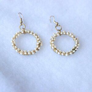 White pearl style beads on wire wrapped earrings 1" diameter drop pierced jewelr